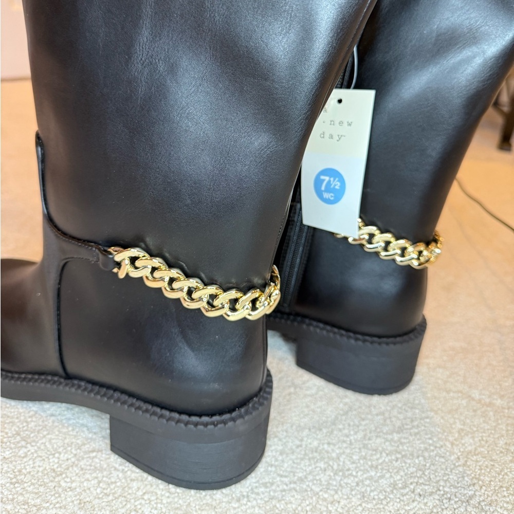 NWT A New Day Bobbi Boots Black Knee High Faux Leather Boots Gold Chain Size 7.5 - Picture 10 of 11